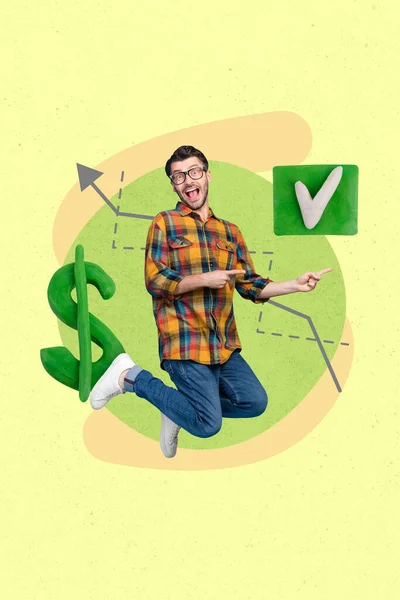 Kreativní Ilustrace Vertikální Koláž Obrázek Šťastný Radostný Chlap Radovat Úspěšné — Stock fotografie