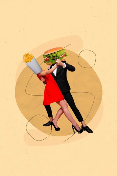 Креативний Плакат Колаж Танцюючого Хлопця Подруги Бургер Французька Смажена Картопля — стокове фото