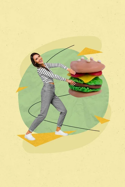 Creative Retro Magazine Collage Image Excited Funny Lady Holding Hamburger — Stock Photo, Image