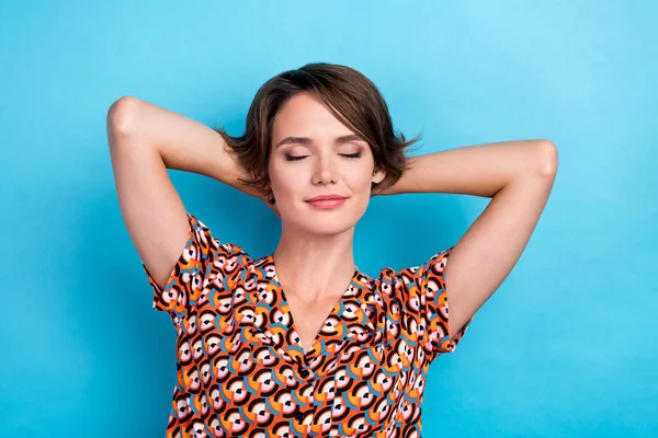 Photo Pretty Cute Woman Wear Print Blouse Closed Eyes Arms — Stock Photo, Image