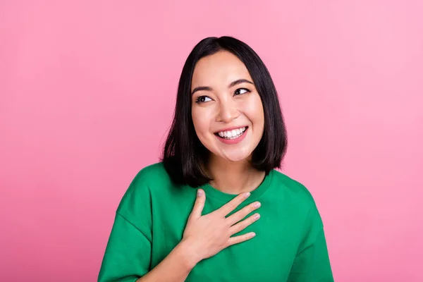 Photo Lovely Positive Girl Arms Touch Chest Toothy Smile Look — Stock Photo, Image