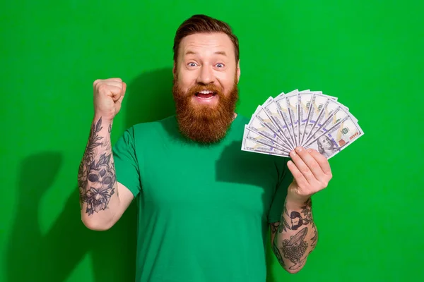 Photo Satisfied Funny Guy Ginger Beard Dressed Stylish Shirt Hold — Stock Photo, Image
