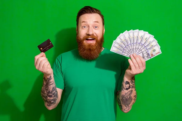 Photo Cool Excited Man Wear Shirt Rising Credit Card Cash — Stock Photo, Image