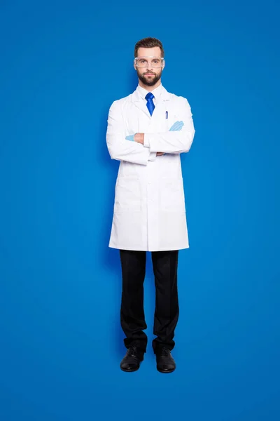 Full Size Fullbody Portrait Stylish Handsome Scientist Stubble White Outfit — Stock Photo, Image