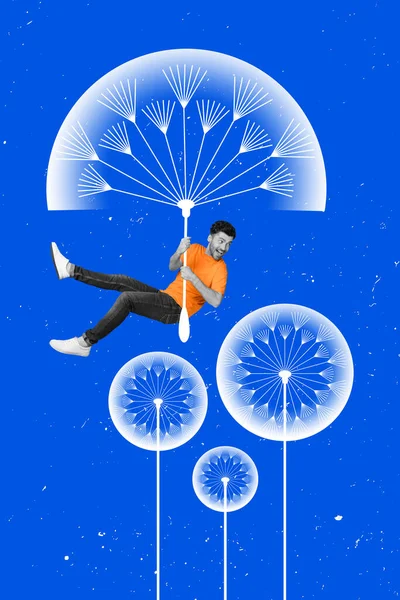 創造的なレトロ3D雑誌コラージュ画像の笑顔興奮男飛行ブローボール孤立絵画の背景 — ストック写真