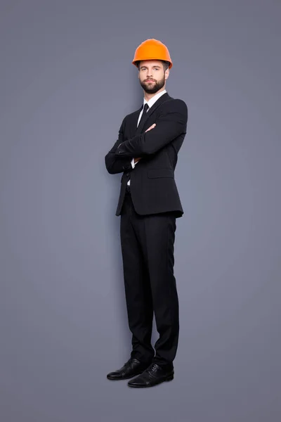 Celé Délce Velikosti Portrét Atraktivní Beardedstylish Investora Tvrdý Klobouk Černý — Stock fotografie