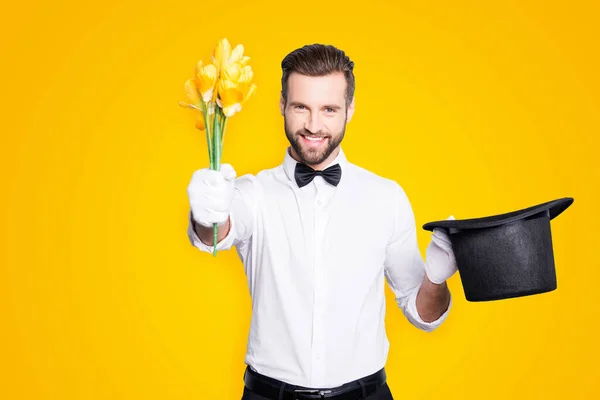 Portrait Romantic Positive Magician Bristle Modern Hairstyle Getting Yellow Flowers — Stock Photo, Image