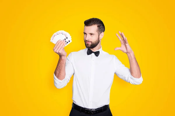 Portrait Cunning Foxy Magician Modern Hairstyle Stubble White Shirt Bowtie — Stock Photo, Image