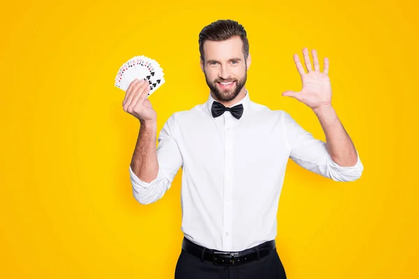 Portrait Joyful Cheerful Magician Hairstyle Having Set Cards Hands Demonstrate — Stock Photo, Image