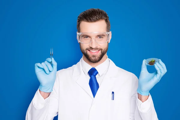 Portrait Attractive Biologist White Outfit Tie Showing Having Forceps Vial — Stock Photo, Image