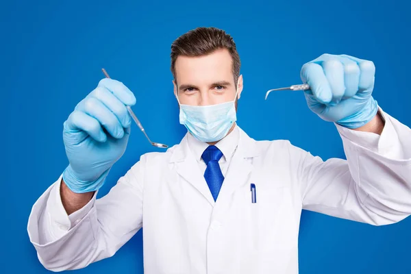 Portrait Attractive Hjandsome Dentist White Lab Coat Blue Tie Working — Stock Photo, Image
