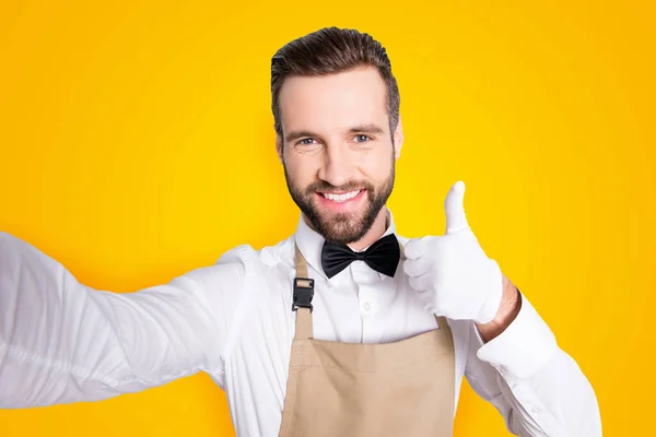 Self Portrait Attractive Cheerful Man White Shirt Black Bow Modern — Stock Photo, Image