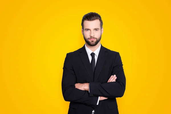 Portrait Attractive Brunet Concentrated Stylish Virile Harsh Trendy Business Person — Stock Photo, Image