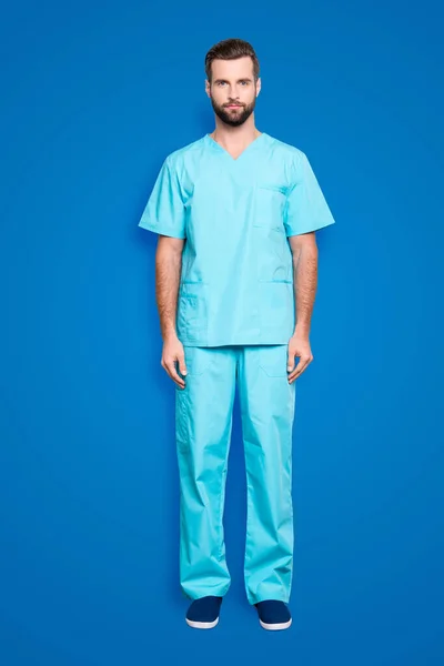 Ganzkörperporträt Eines Virilen Strengen Mannes Mit Borsten Frisur Blauen Laboranzug — Stockfoto