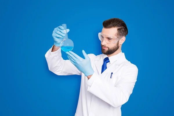 Portrait Concentrated Busy Scientist Stubble White Lab Coat Gloves Examine — Stock Photo, Image