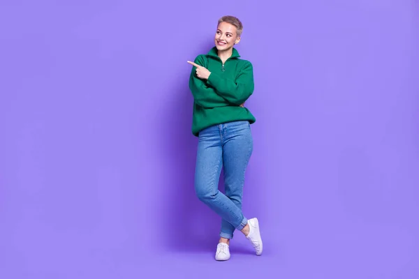 Full Length Photo Pretty Dreamy Woman Dressed Green Pullover Looking — Stock Photo, Image