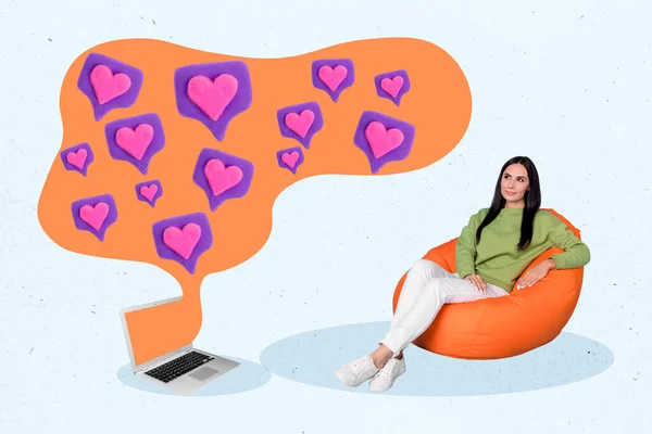 Plantilla Compuesta Collage Publicidad Blogging Mujer Sentarse Beanbag Dreamy Comprobar —  Fotos de Stock