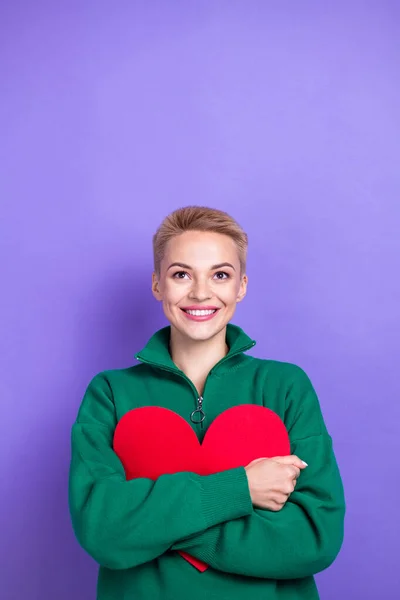 Vertical Photo Blonde Hair Lady Wear Green Stylish Fleece Jumper — Stock Photo, Image
