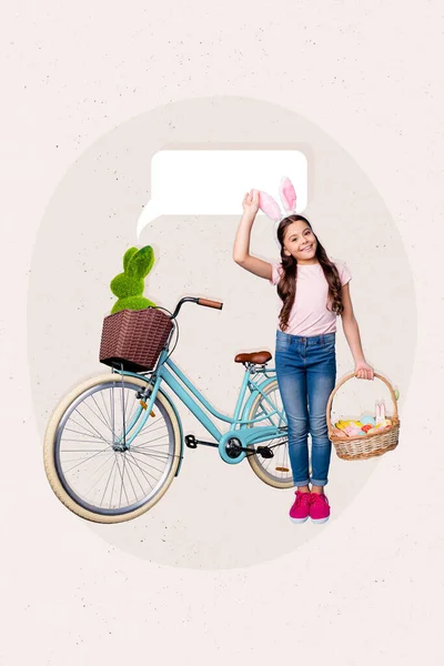 Vertical Collage Image Positive Girl Wear Bunny Ears Hold Easter — Stock Photo, Image