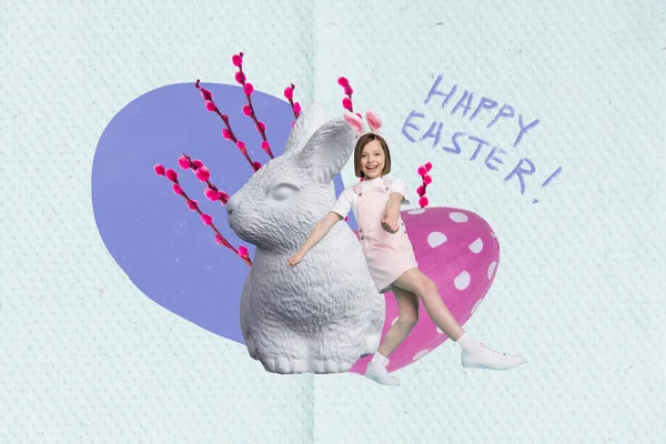小さな女の子の創造的なコラージュパンフレット写真大きなウサギの彫刻を踊る背景を描く上で孤立イースターの卵を描いた — ストック写真