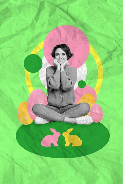 Colagem Imagem Cartaz Cartão Postal Brochura Adorável Senhora Feliz Sentar — Fotografia de Stock