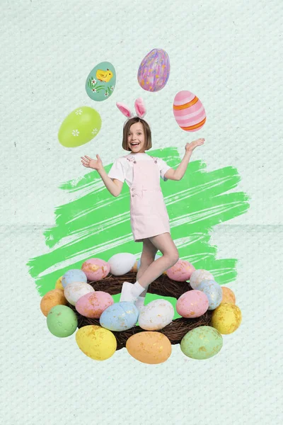 Vertikale Collage Bild Von Funky Positive Kleine Mädchen Hasenohren Sammeln — Stockfoto