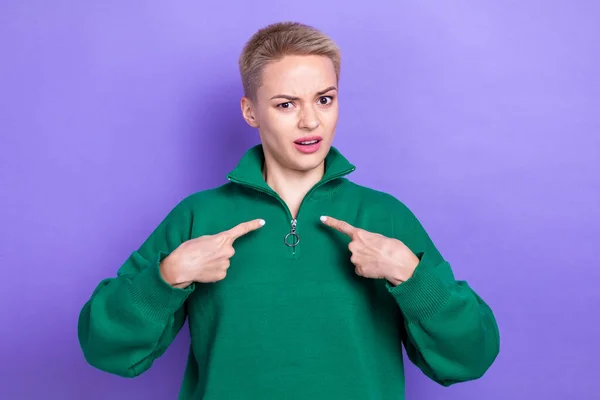 Photo of impressed questioned girl point fingers self herself isolated on violet color background.