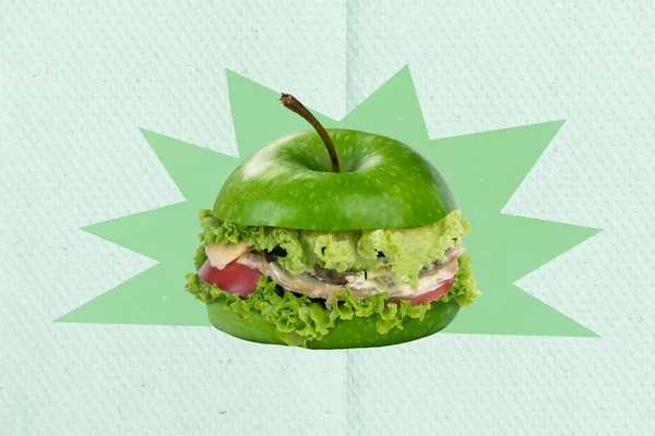 Композитный Портрет Коллажа Гамбургер Зеленый Яблочный Фрукт Вместо Булочки Хлеб — стоковое фото