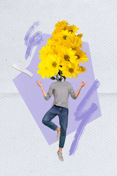 垂直コラージュ画像の瞑想ミニ男新鮮な花代わりに頭の上に隔離された創造的な背景 — ストック写真
