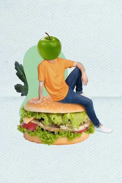 Creative Collage Photo Headless Vegetarian Man Sitting Tasty Hamburger Eat — Stock Photo, Image
