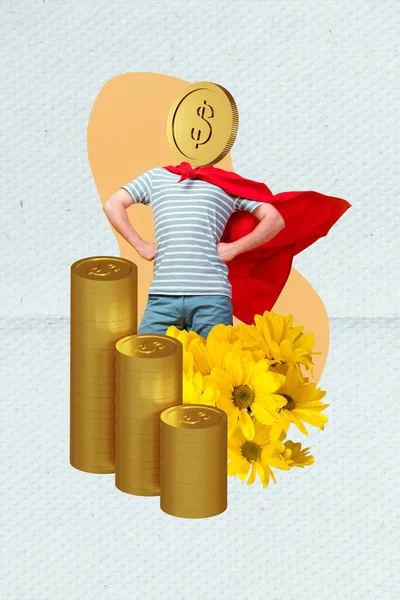 Vertikale Collage Bild Von Selbstbewussten Superman Roten Umhang Geldmünze Statt — Stockfoto