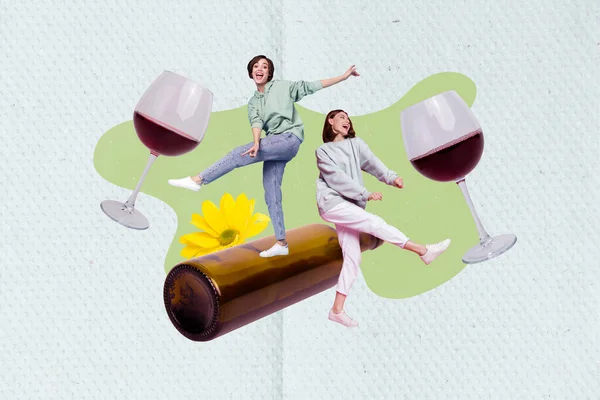 Imagen Collage Creativo Dos Mini Chicas Despreocupadas Bailando Escalofriante Botella — Foto de Stock