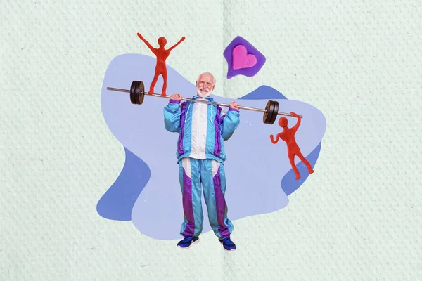 Creative Funny Collage Image Grandfather Lifting Press Barbell Plasticine People — Stock Photo, Image