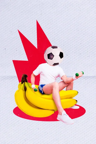 Vertical Collage Imagen Mini Deportivo Chico Sentarse Enorme Plátano Fruta —  Fotos de Stock