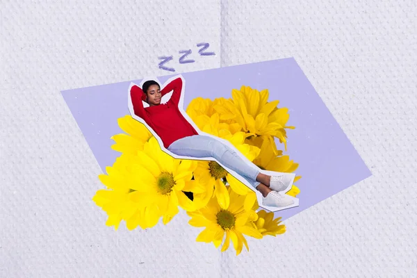 Creative collage picture of calm peaceful mini person laying sleep big fresh daisy flowers isolated on painted background.