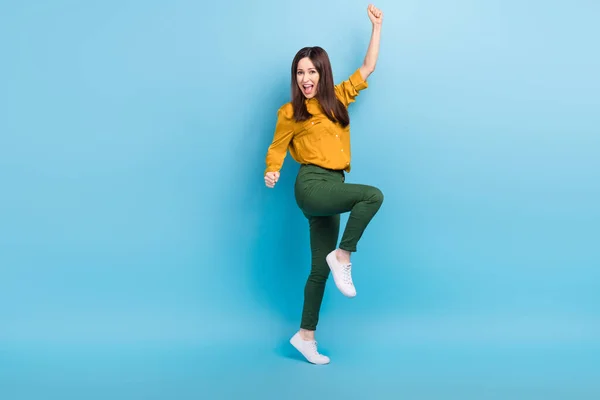 Full Length Photo Cool Lucky Woman Wear Yellow Shirt Smiling — Stock Photo, Image
