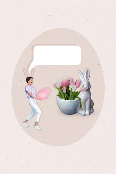Vertical Collage Brochure Picture Mini Excited Girl Bunny Ears Hold — Stock Photo, Image