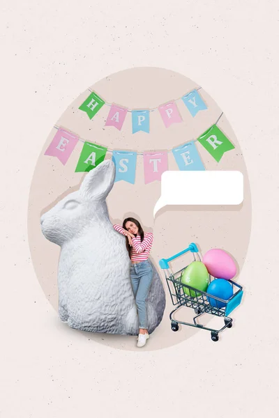 Vertical Collage Image Mini Positive Girl Huge Bunny Sculpture Market — Stock Photo, Image