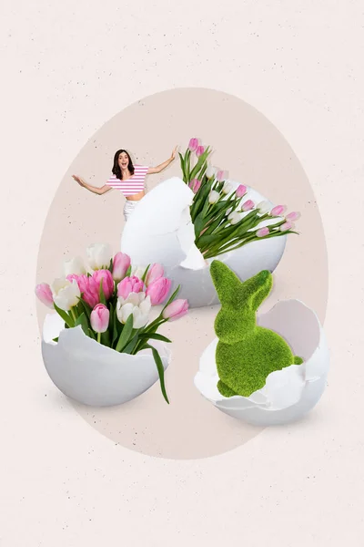 Collage Vertical Image Mini Funky Fille Positive Grandes Fleurs Tulipes — Photo