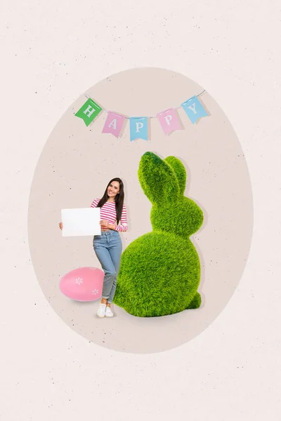 Vertical Collage Creative Portrait Cheerful Mini Girl Hold Empty Space — Stock Photo, Image
