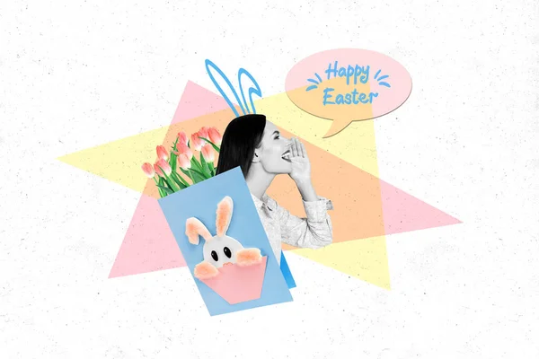 Colagem Criativa Menina Falando Feliz Feriado Páscoa Dentro Cartão Saudação — Fotografia de Stock