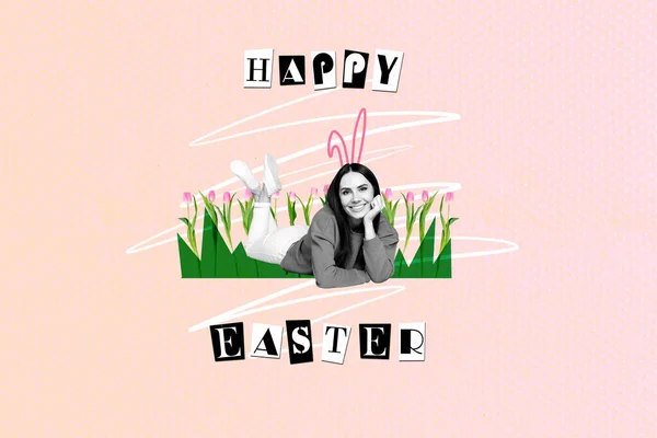 照片拼贴少女画兔子耳朵放松花园花朵新鲜郁金香春节假期快乐的复活节东方孤立在粉红的背景下 — 图库照片