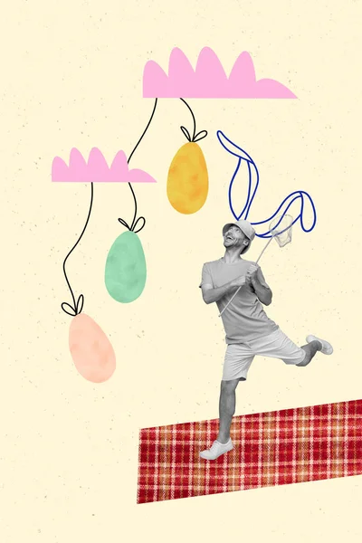 Kreatywne Grafika Pocztówka Kolaż Zabawny Młody Facet Złapać Latające Jaja — Zdjęcie stockowe