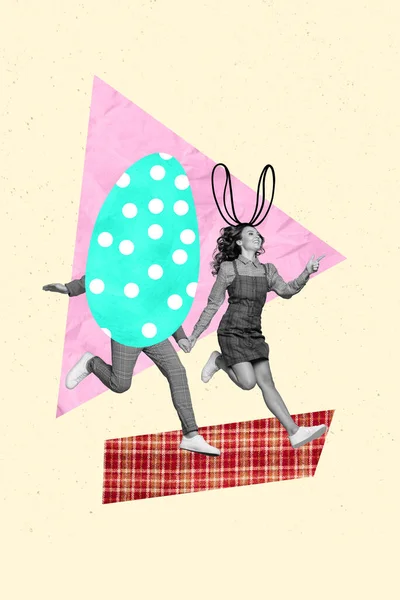 Kreativní Obrázek Pozdrav Pohlednice Koláž Dvou Lidí Přítelkyně Ukazuje Velikonoční — Stock fotografie