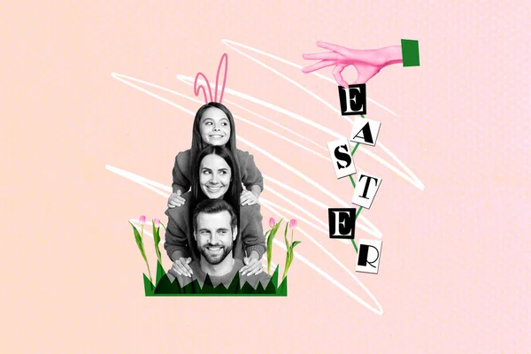 有创意的明信片问候拼凑在一起快乐的复活节庆祝三个人的父子关系有快乐新鲜的郁金香在粉色背景下被隔离 — 图库照片