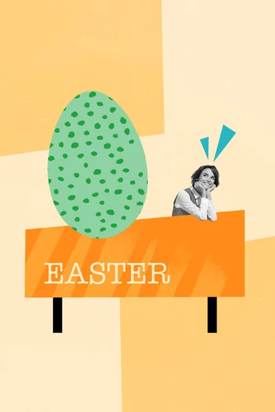 Cartel Pancarta Collage Anuncio Soñadora Joven Sentada Escritorio Anunciar Pascua —  Fotos de Stock