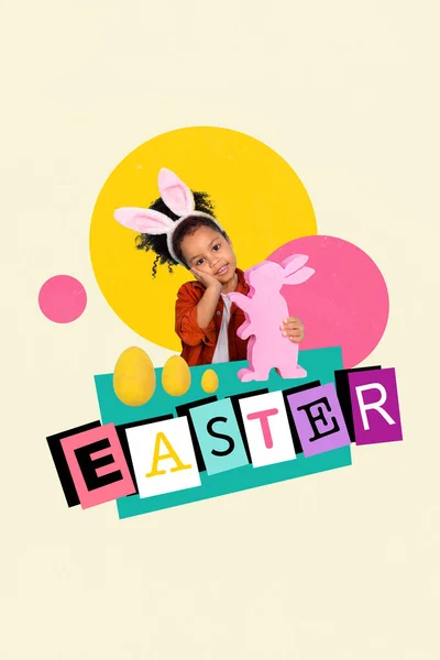 Kreatywny Plakat Plakat Collage Dziewczynka Reklamować Rodzinne Wielkanoc Festiwal Prezentami — Zdjęcie stockowe