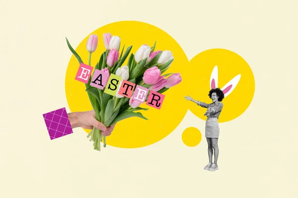 Banner Poster Image Collage Happy Positive Lady Receive Huge Tulips — Stock Photo, Image