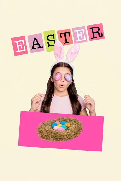 Creative Magazine Postcard Collage Young Lady Playing Game Easter Occasion — Stock Photo, Image