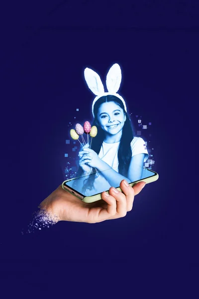 Bileşik Kolaj Reklamı Telefon Pikselleri Holografik Selamlama Okullu Kızlar Mavi — Stok fotoğraf
